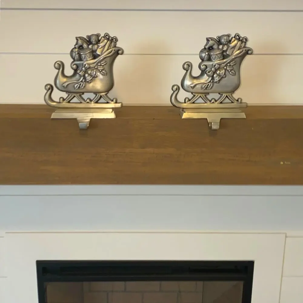 Set of 2 Santa's Sleigh Pewter Finish Christmas Stocking Hanger Hook Santa Claus